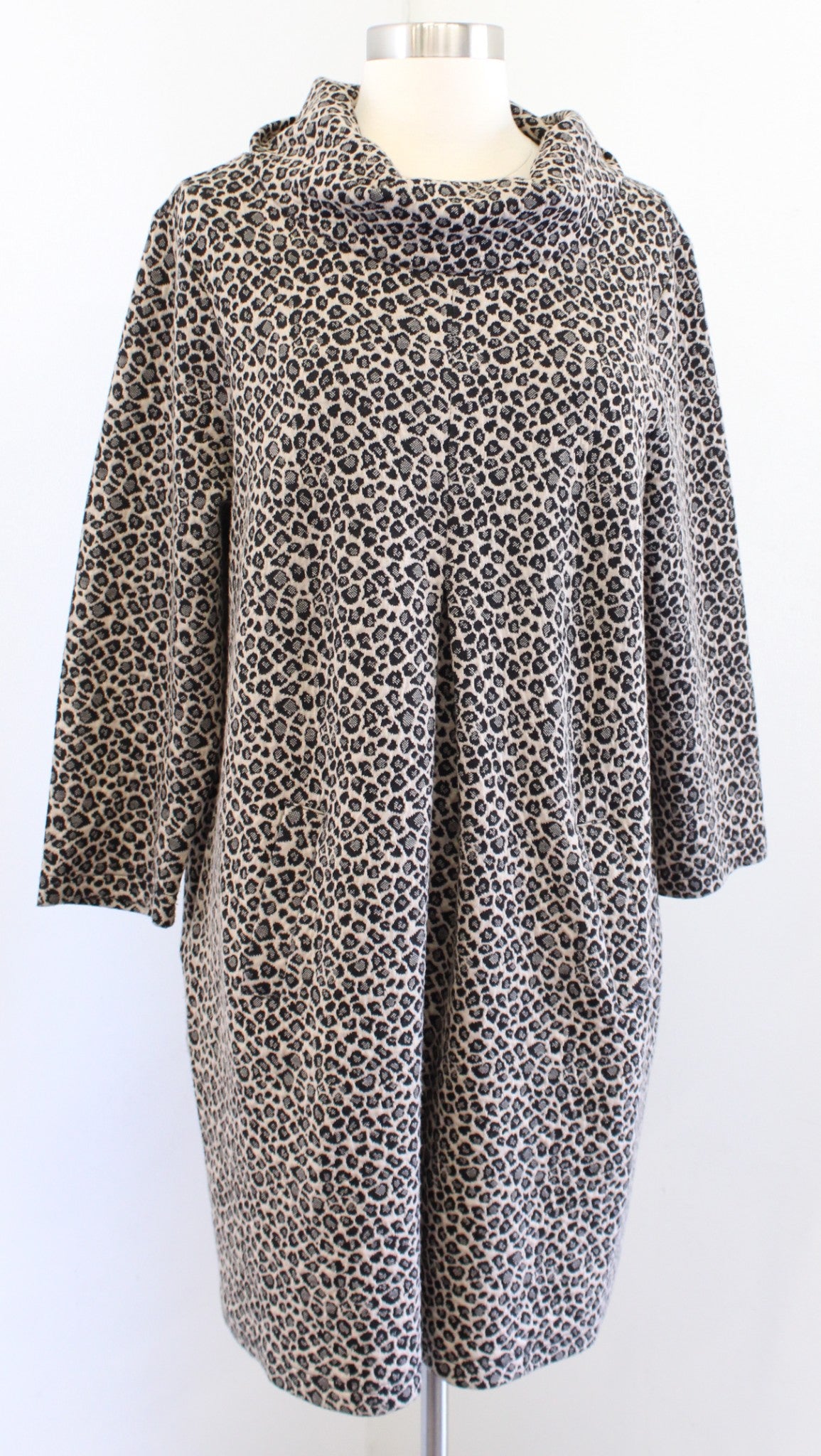 Tyler Boe Tan Black Leopard Print Knit Cowl Neck Shift Dress Mini Size L
