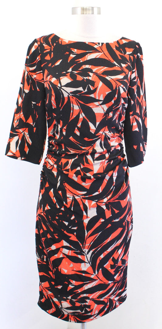 Tracy Reese Black Orange Floral Print Silk Blend Ruched Sheath Dress Size 4