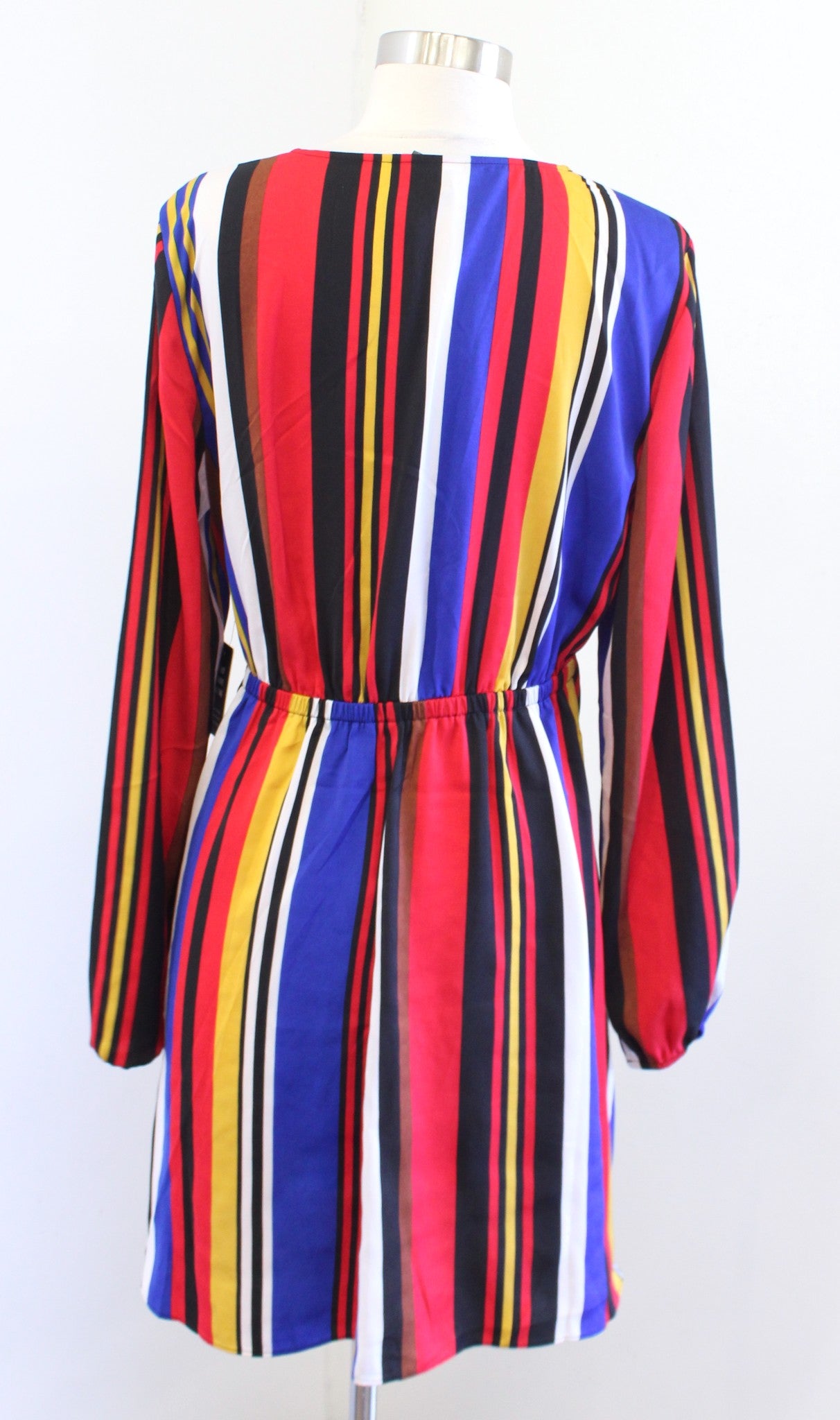 NWT Express Red Colorful Striped Tie Front Faux Wrap Dress Size M Long Sleeve