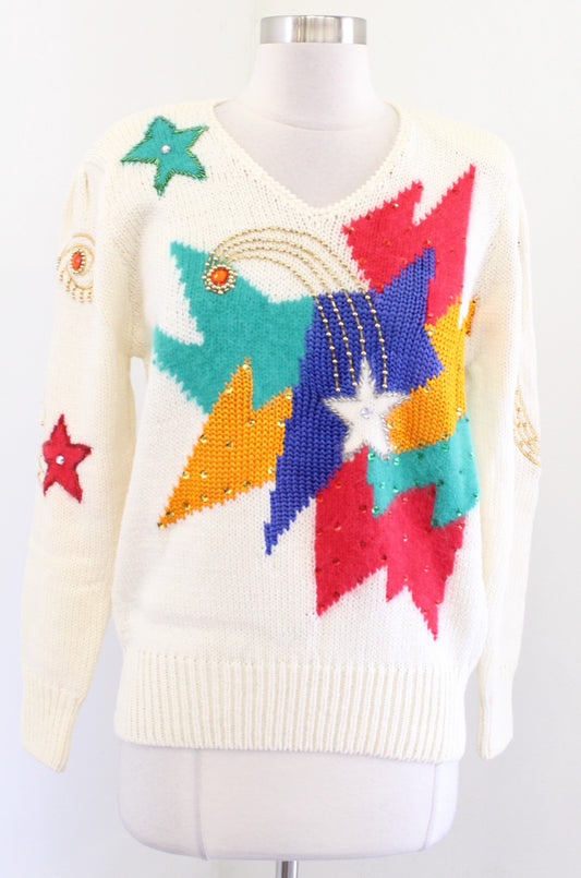 Vtg 80s 90s Cream Colorful Star Print Embellished Sequin Sweater Size M Angora