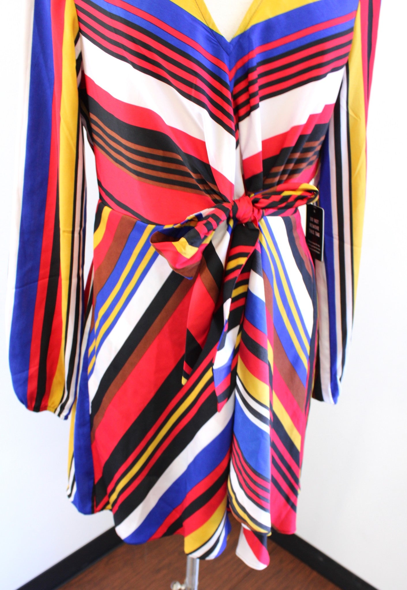 NWT Express Red Colorful Striped Tie Front Faux Wrap Dress Size M Long Sleeve