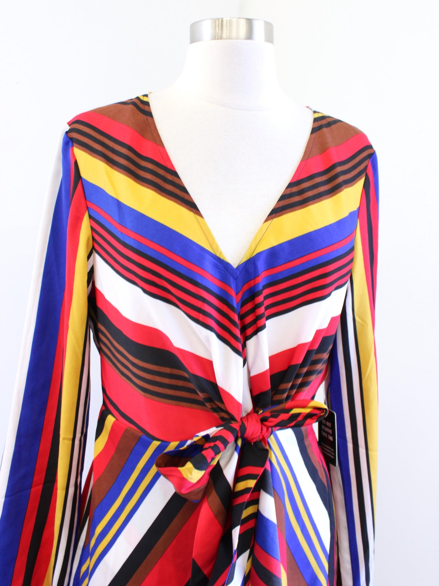 NWT Express Red Colorful Striped Tie Front Faux Wrap Dress Size M Long Sleeve