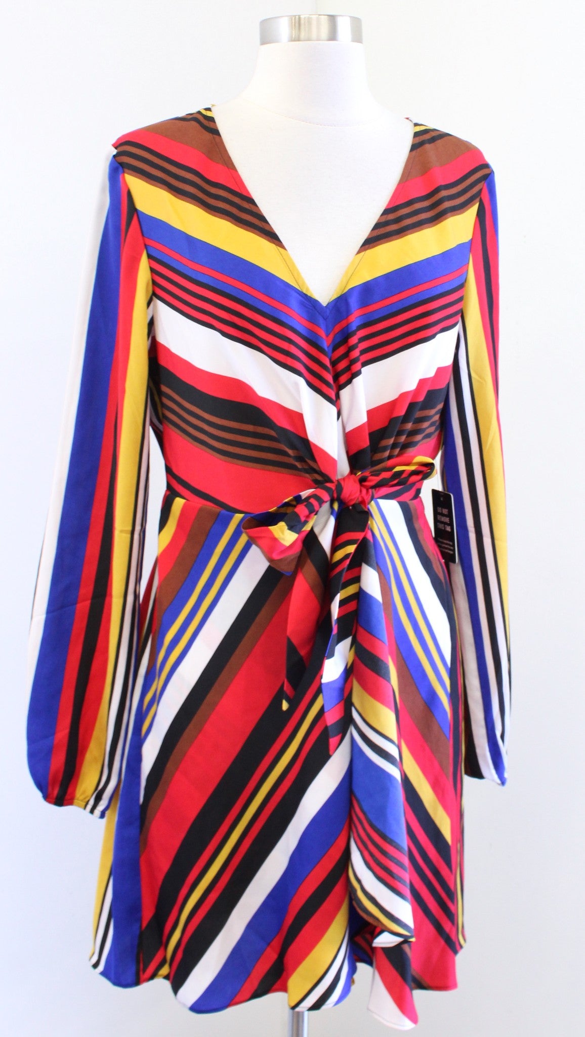 NWT Express Red Colorful Striped Tie Front Faux Wrap Dress Size M Long Sleeve