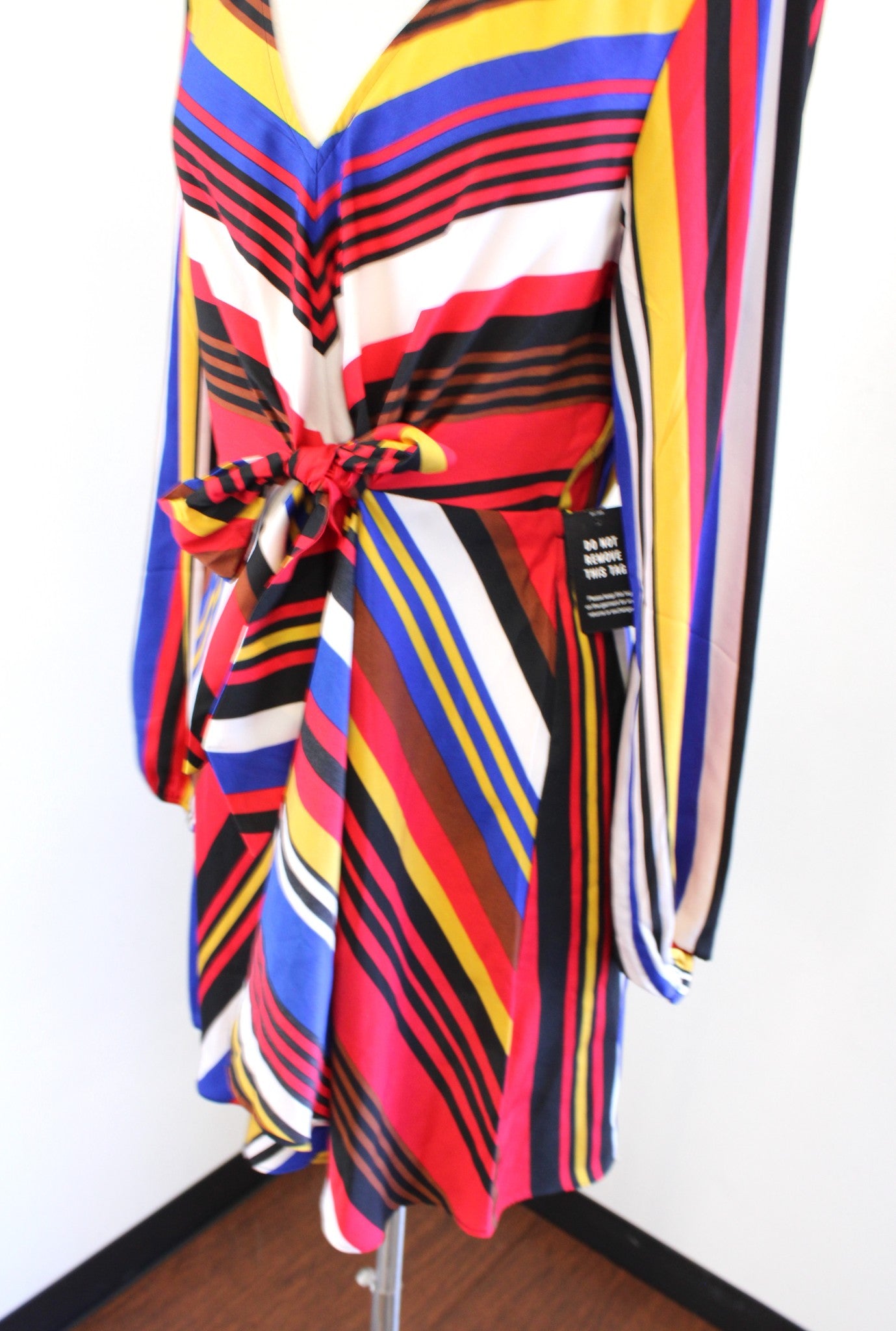 NWT Express Red Colorful Striped Tie Front Faux Wrap Dress Size M Long Sleeve