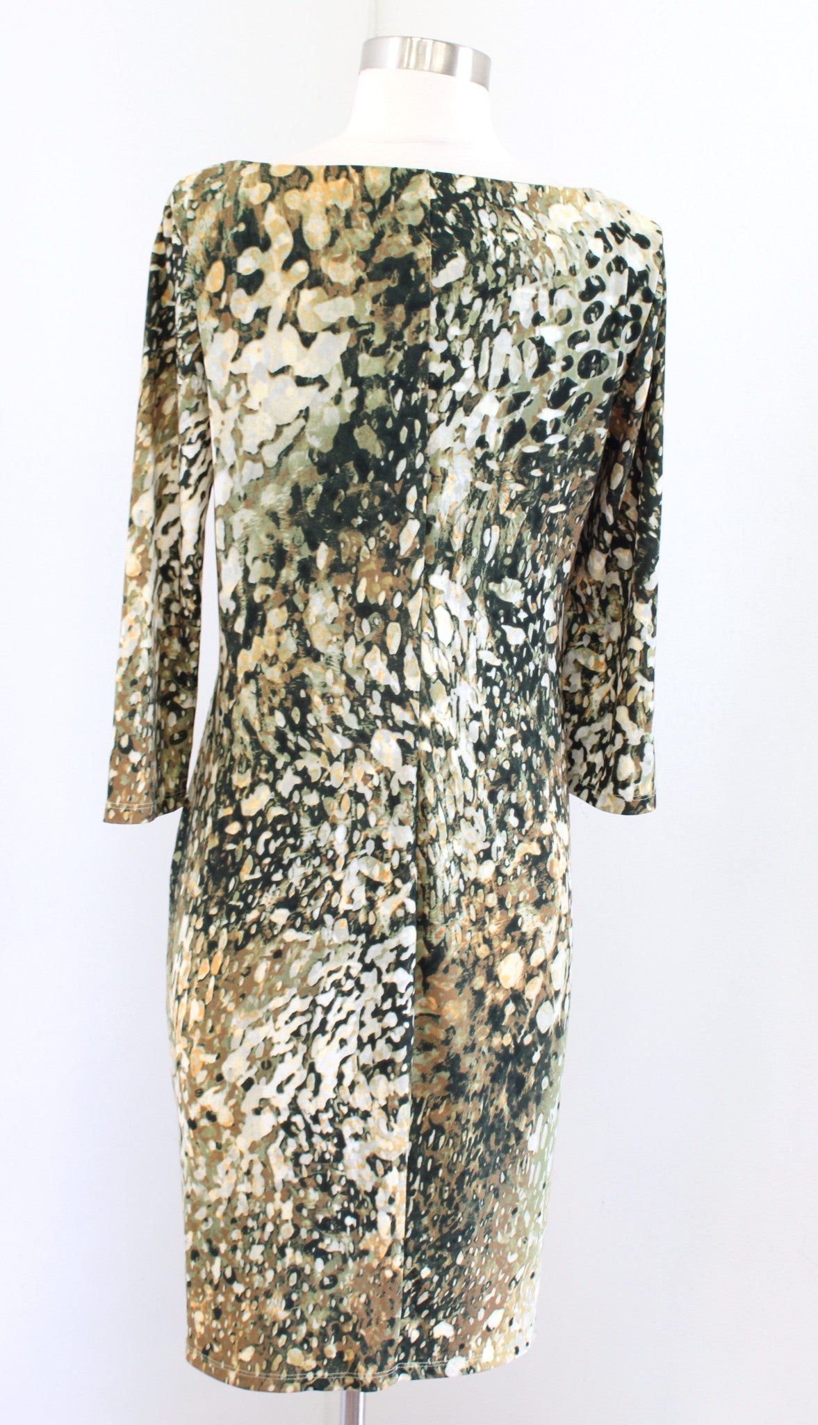 Boston Proper Green Abstract Print V Neck Ruched 3/4 Sleeve Wiggle Dress Size 12