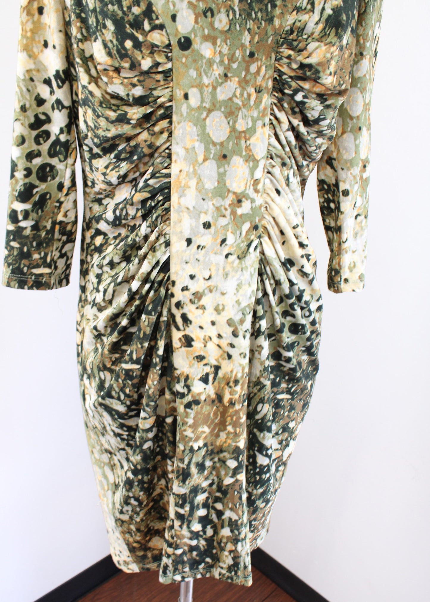 Boston Proper Green Abstract Print V Neck Ruched 3/4 Sleeve Wiggle Dress Size 12