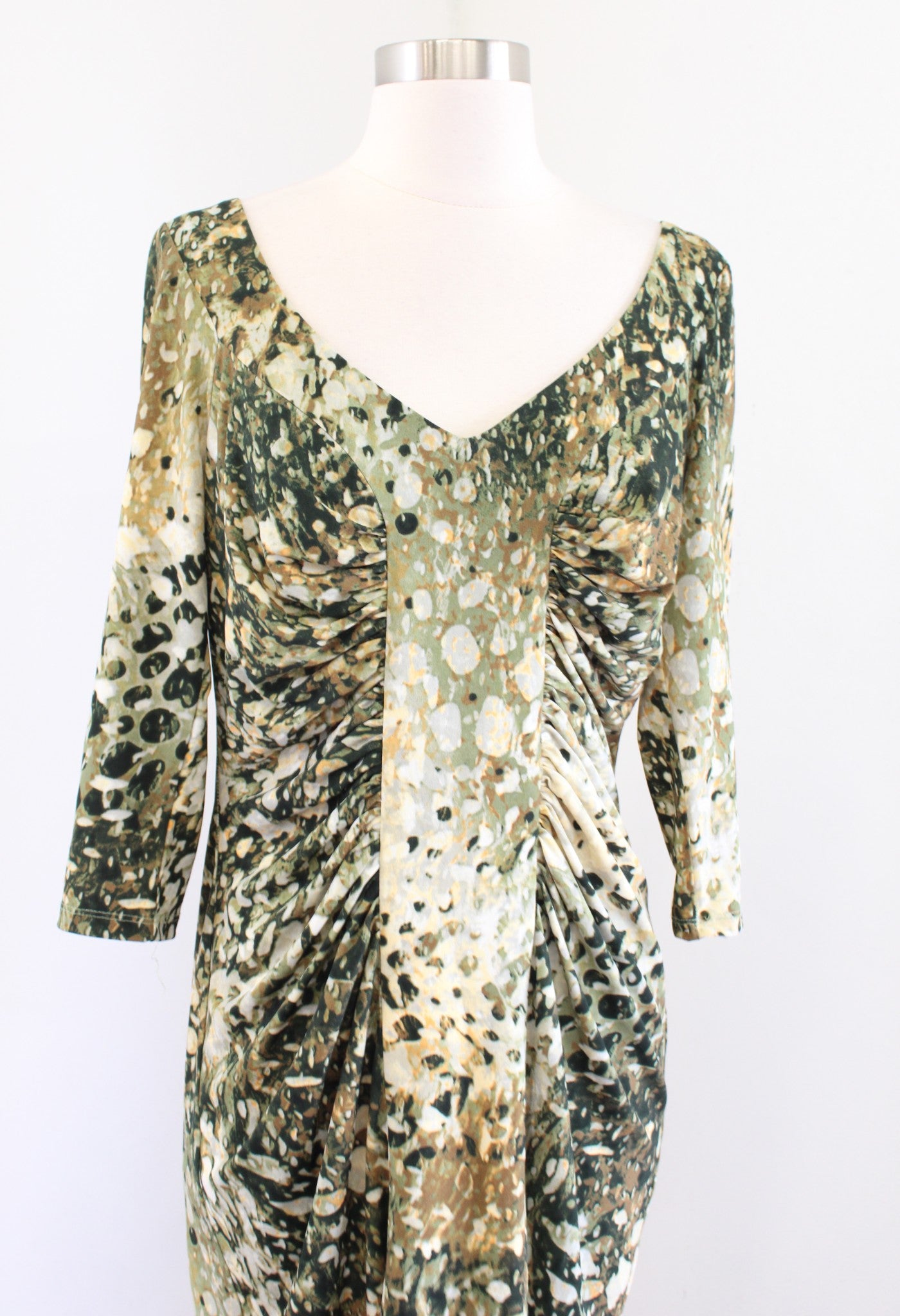 Boston Proper Green Abstract Print V Neck Ruched 3/4 Sleeve Wiggle Dress Size 12