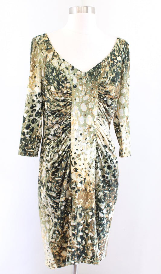 Boston Proper Green Abstract Print V Neck Ruched 3/4 Sleeve Wiggle Dress Size 12