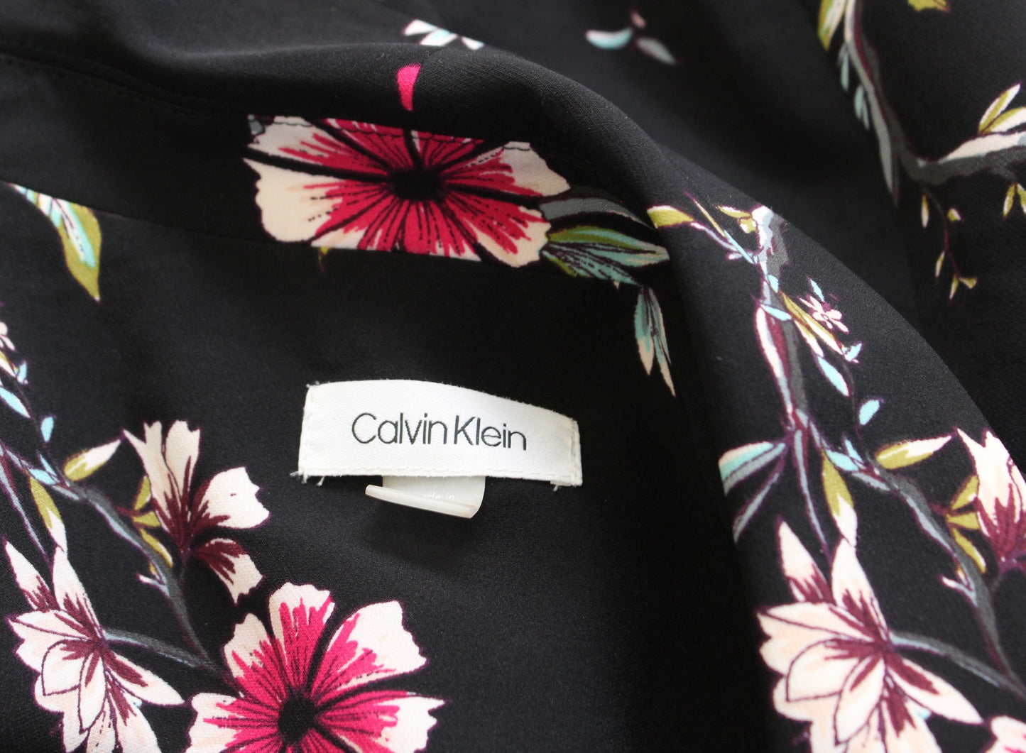 Calvin Klein Black Floral Print Tie Waist Wrap Look Sheath Dress Size 14 Career