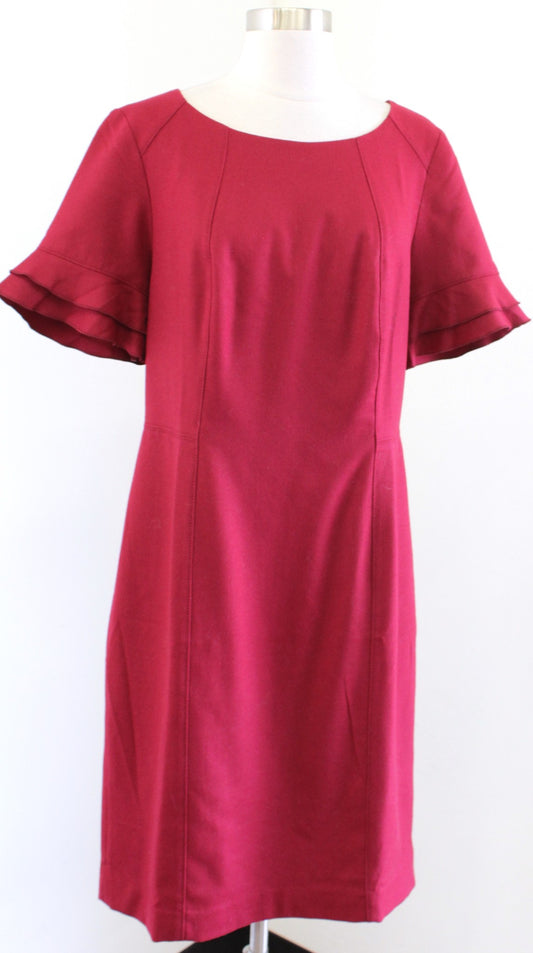 NWT Talbots Wine Red Italian Flannel Wool Blend Sheath Dress Sz 10 Ruffle Sleeve