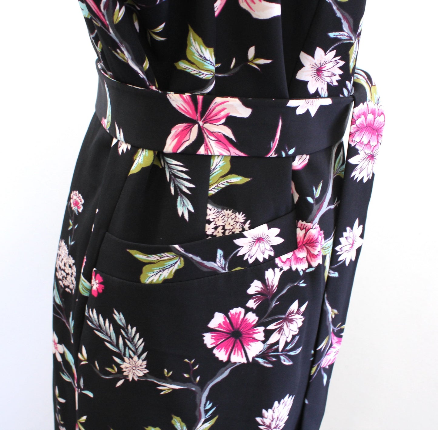 Calvin Klein Black Floral Print Tie Waist Wrap Look Sheath Dress Size 14 Career
