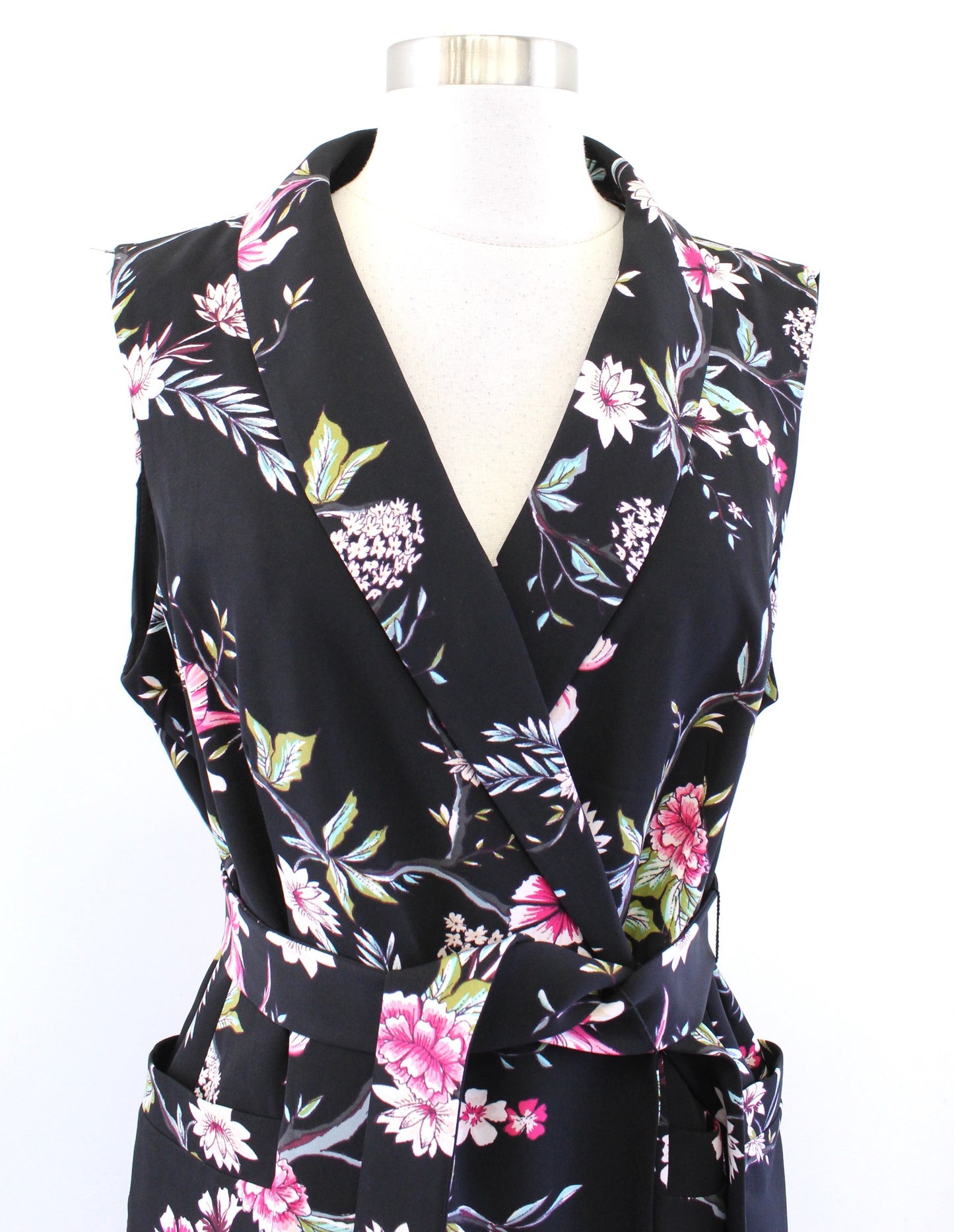 Calvin Klein Black Floral Print Tie Waist Wrap Look Sheath Dress Size 14 Career