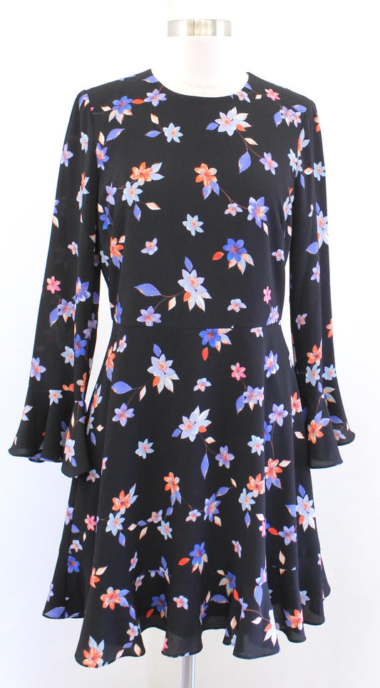 Eliza J Womens Black Blue Floral Print Bell Sleeve Flounce Hem Dress Size 6