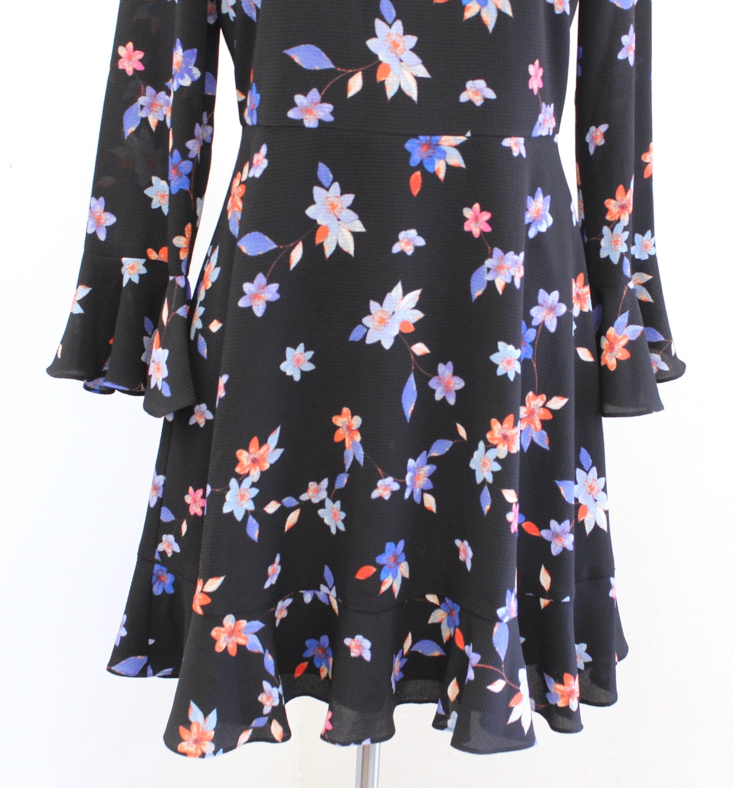 Eliza J Womens Black Blue Floral Print Bell Sleeve Flounce Hem Dress Size 6