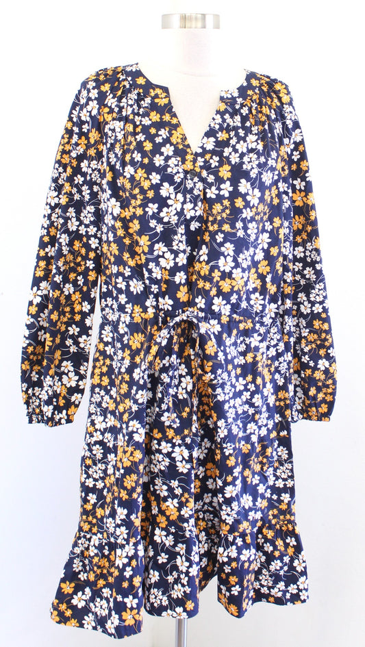 Draper James Lucinda Fall Field Floral Drawstring Waist Popover Dress Sz L Navy