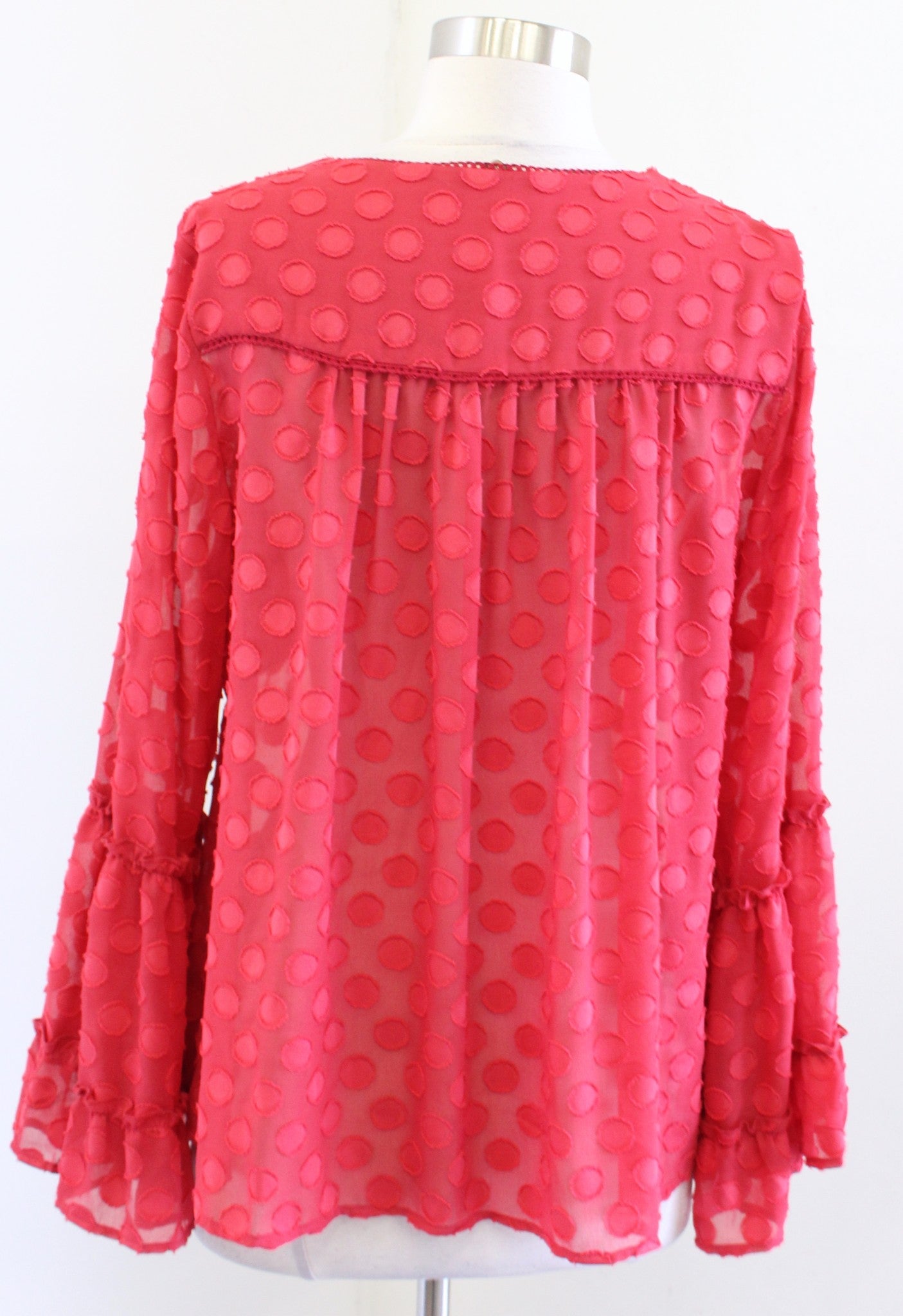 Soft Surroundings Besito Red Polka Dot Lace Up Neckline Peplum Top Blouse Size S