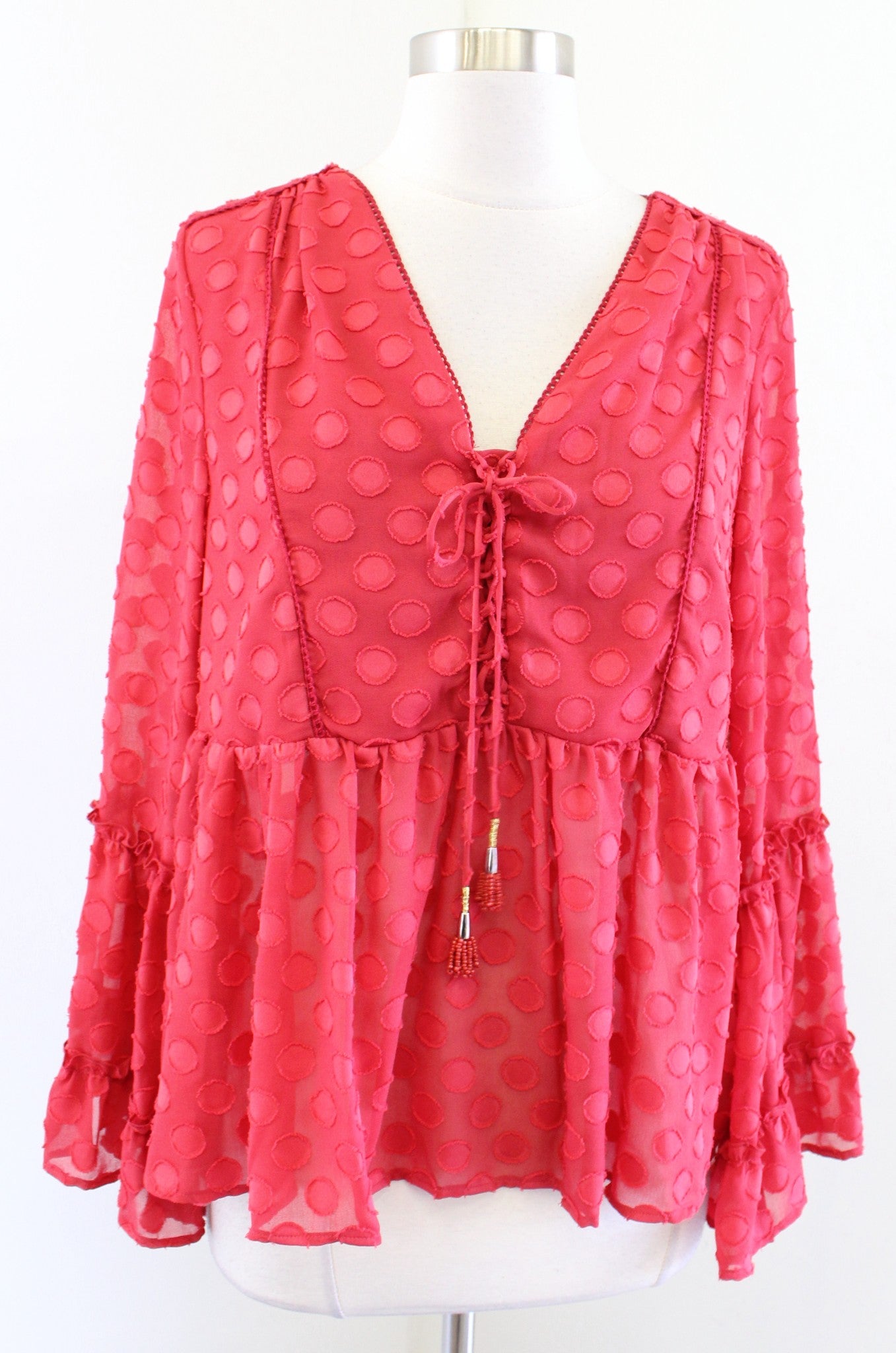 Soft Surroundings Besito Red Polka Dot Lace Up Neckline Peplum Top Blouse Size S