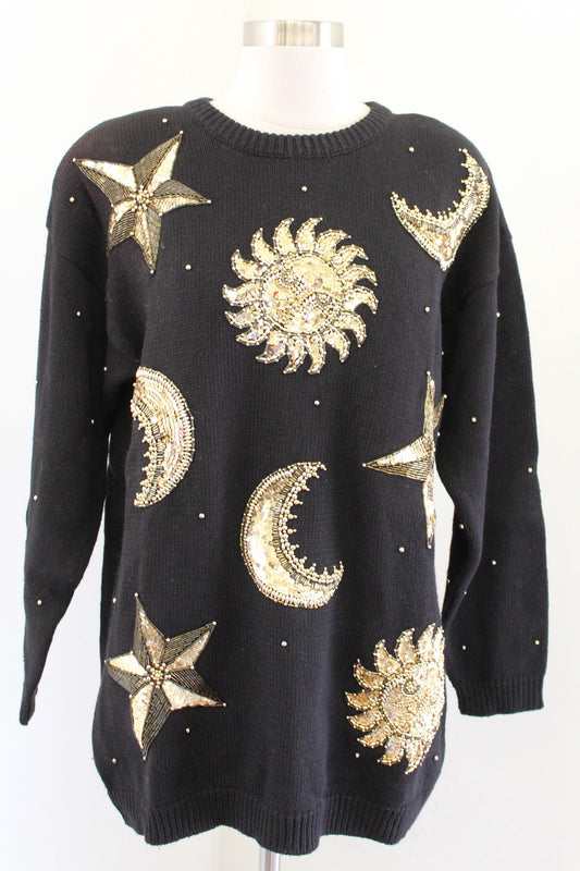 Vtg 90s Black Gold Moon Sun Stars Beaded Embellished Sweater Size M L ? Boho