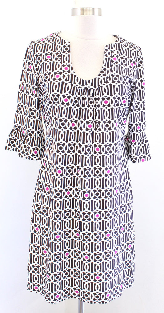 Jude Connally Jude Cloth Brown White Pink Geometric Print Notch Neck Dress Sz M