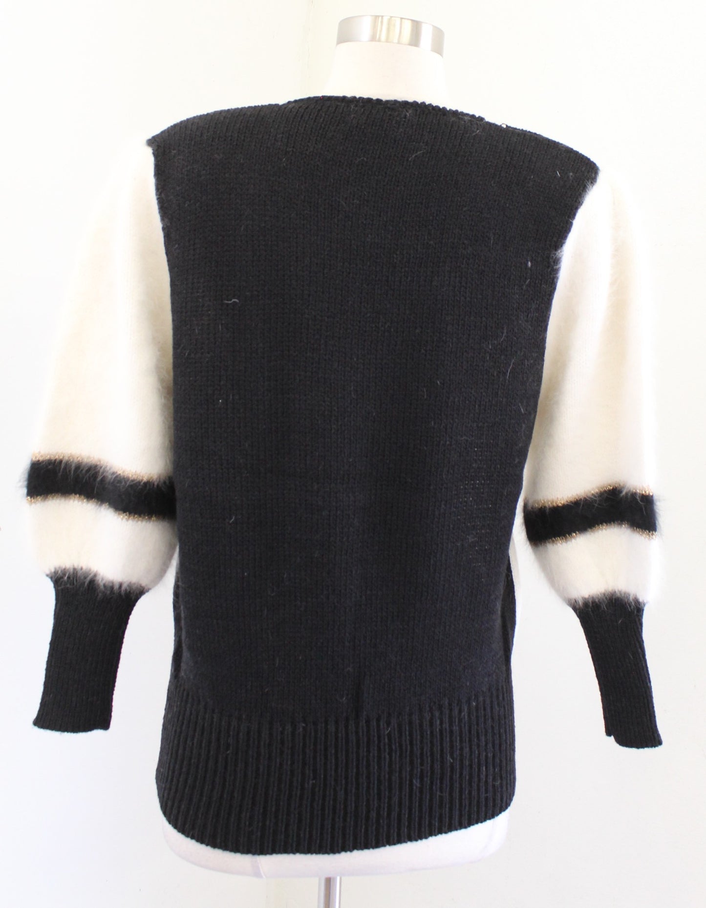 Vtg 90s Black White Colorblock Star Bow Embellished Beaded Sweater Wool Angora S