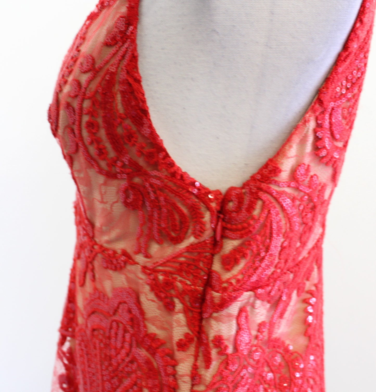 Free People Night Shimmers Red Sequin Lace V Neck Plunge Mini Dress Size 0 Party