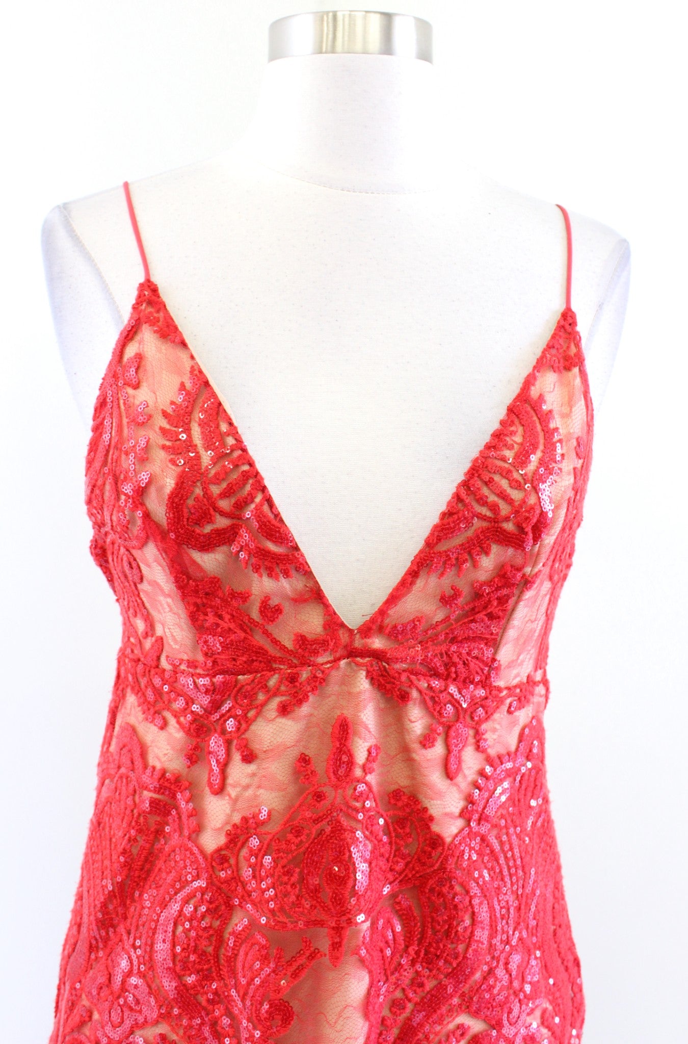 Free People Night Shimmers Red Sequin Lace V Neck Plunge Mini Dress Size 0 Party