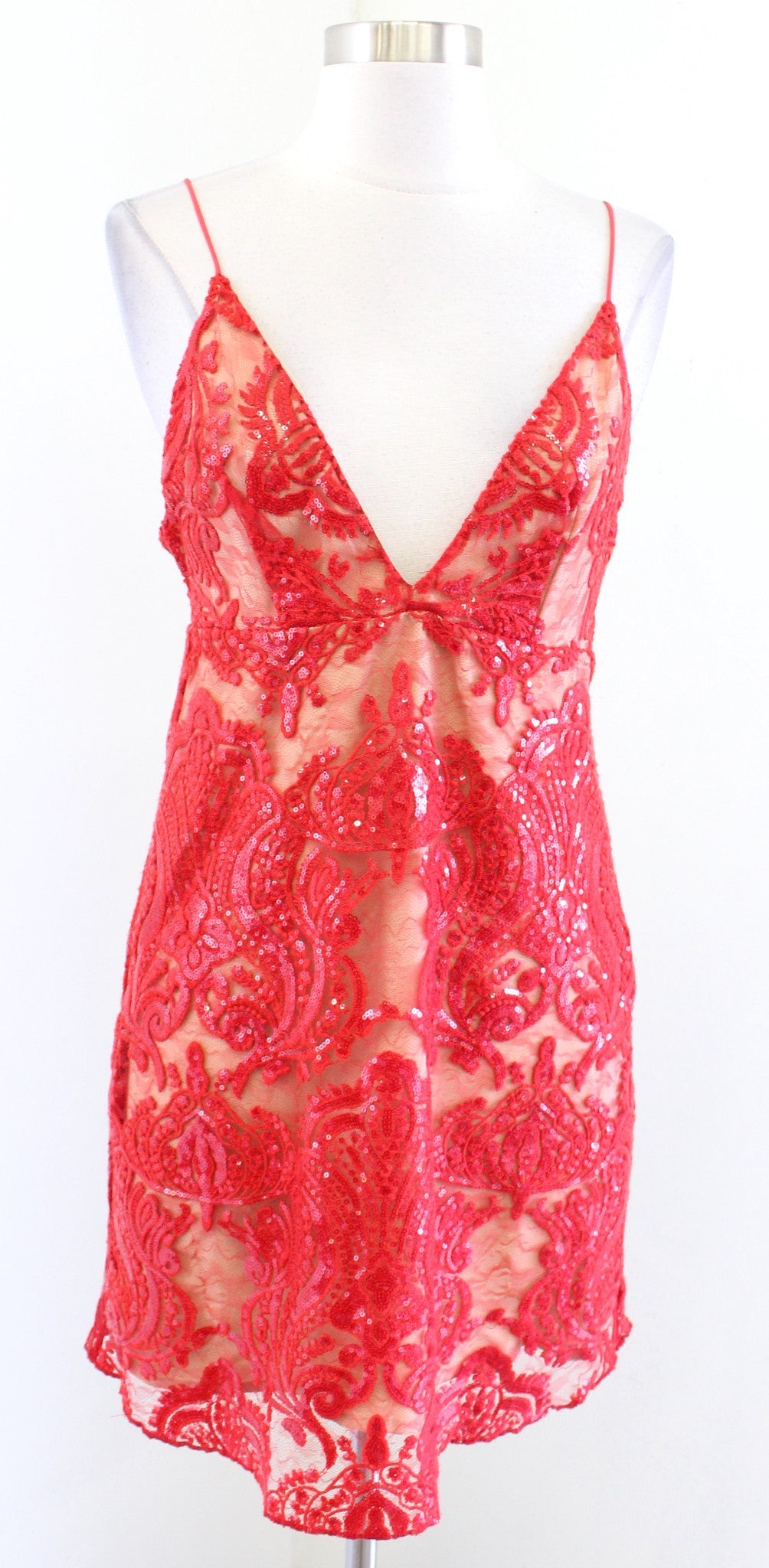 Free People Night Shimmers Red Sequin Lace V Neck Plunge Mini Dress Size 0 Party