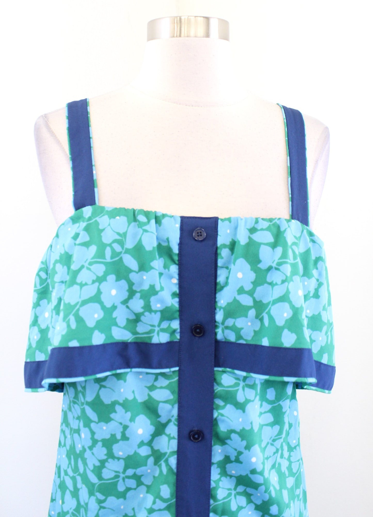 Derek Lam Blue Green Floral Ruffle Popover Casual Midi Dress Size 36 Summer