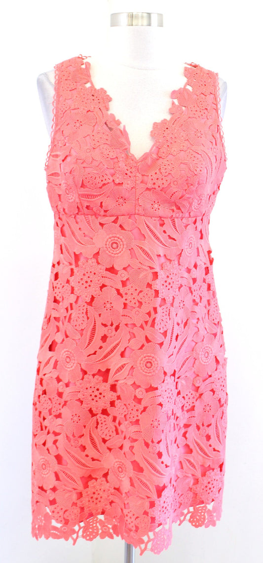 Trina Turk Coral Lily Ornate Floral Lace Sheath Dress Size 8 Keyhole Back V Neck