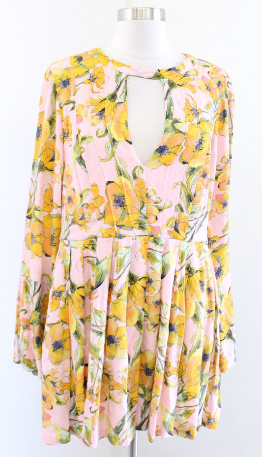 Free People Tegan Pink Yellow Floral Print Tunic Mini Dress Size 6 Keyhole