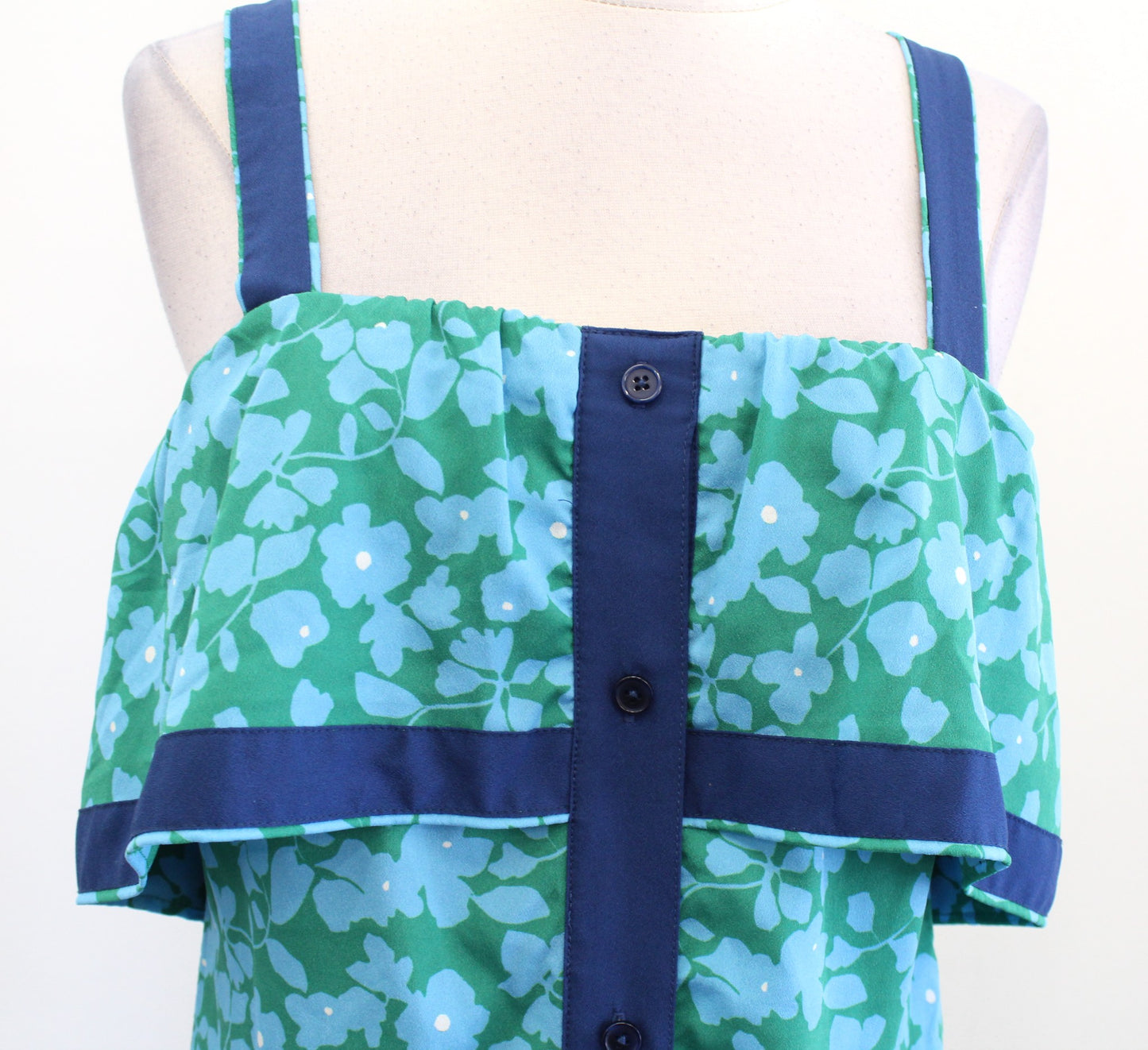 Derek Lam Blue Green Floral Ruffle Popover Casual Midi Dress Size 36 Summer