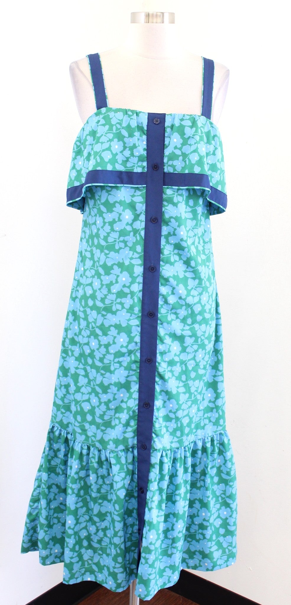 Derek Lam Blue Green Floral Ruffle Popover Casual Midi Dress Size 36 Summer