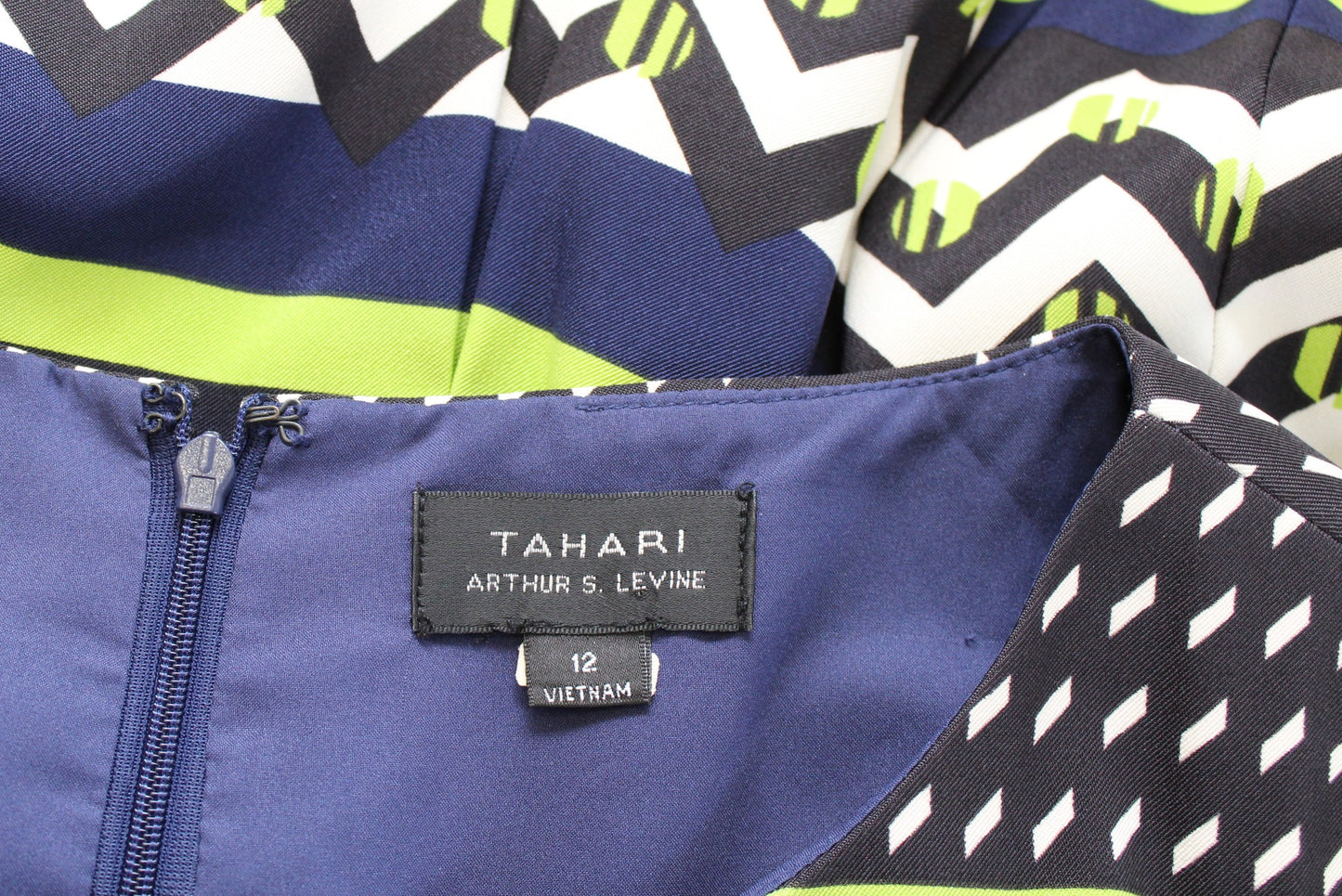 Tahari ASL Levine Bold Geometric Striped Fit and Flare Dress Size 12 Blue Green