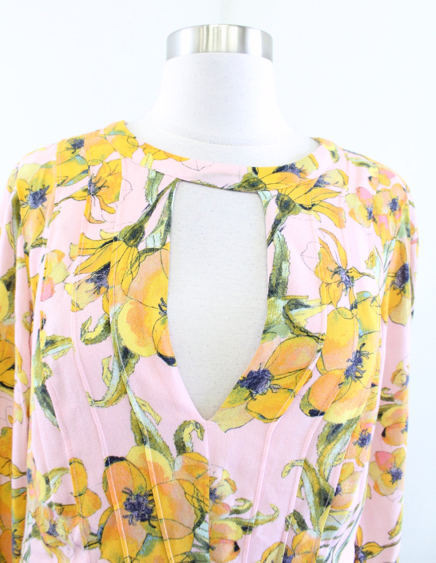 Free People Tegan Pink Yellow Floral Print Tunic Mini Dress Size 6 Keyhole