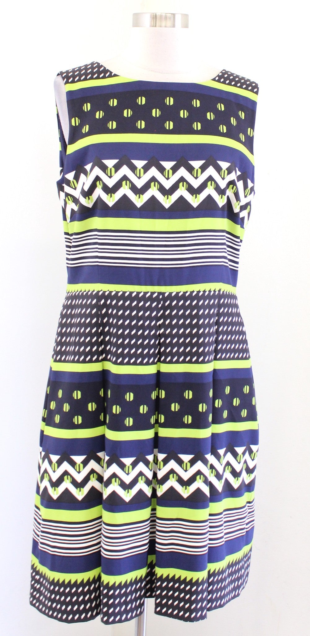 Tahari ASL Levine Bold Geometric Striped Fit and Flare Dress Size 12 Blue Green