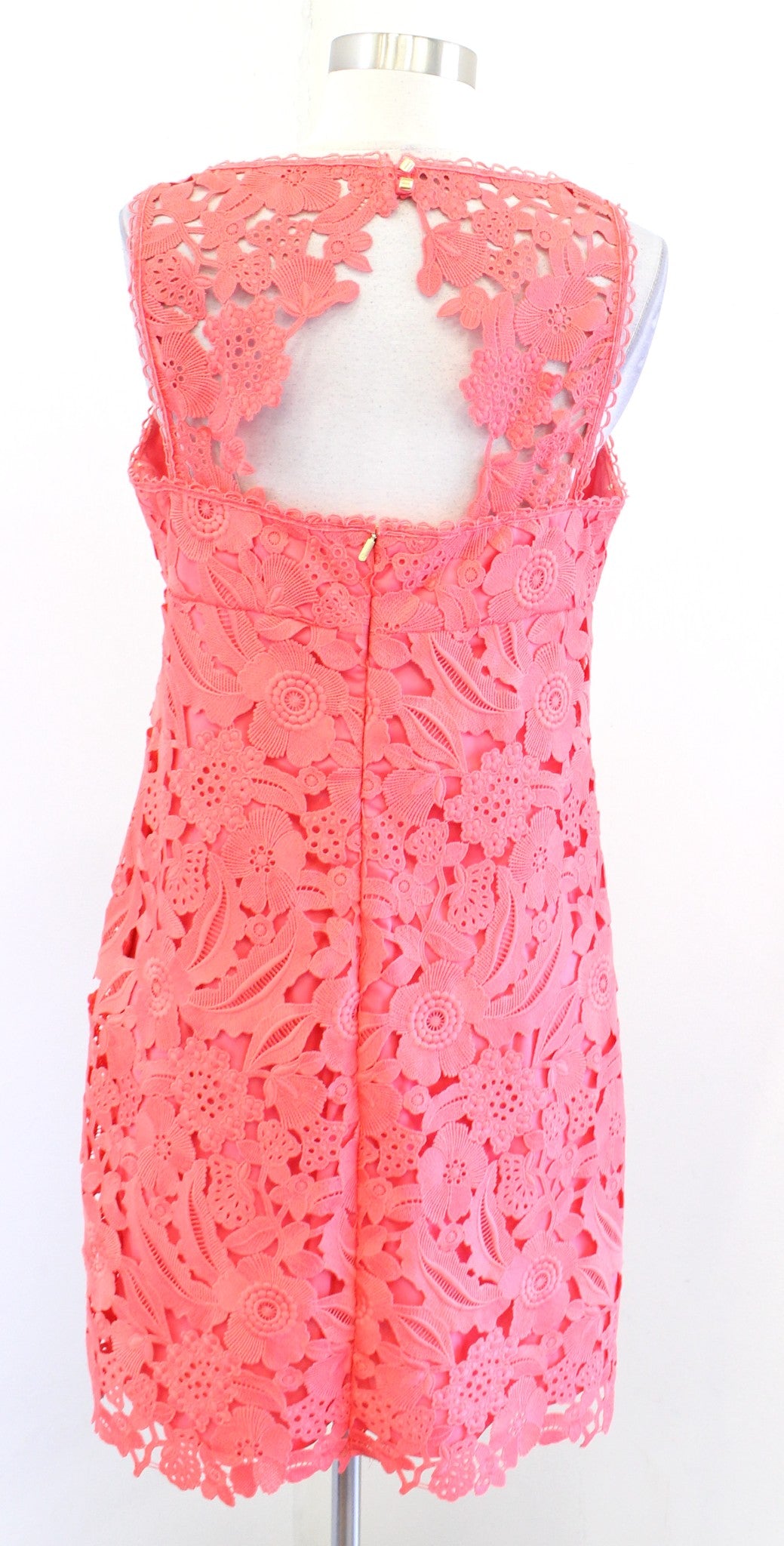 Trina Turk Coral Lily Ornate Floral Lace Sheath Dress Size 8 Keyhole Back V Neck