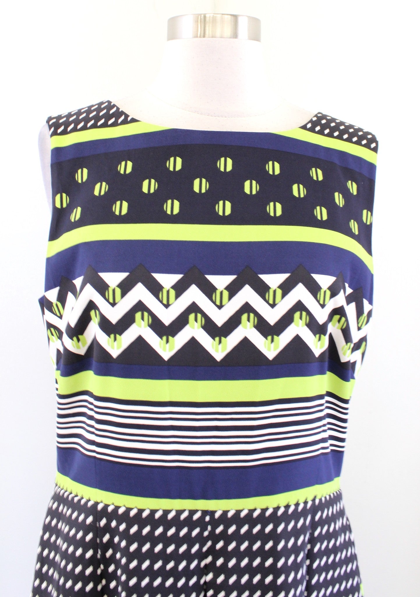Tahari ASL Levine Bold Geometric Striped Fit and Flare Dress Size 12 Blue Green
