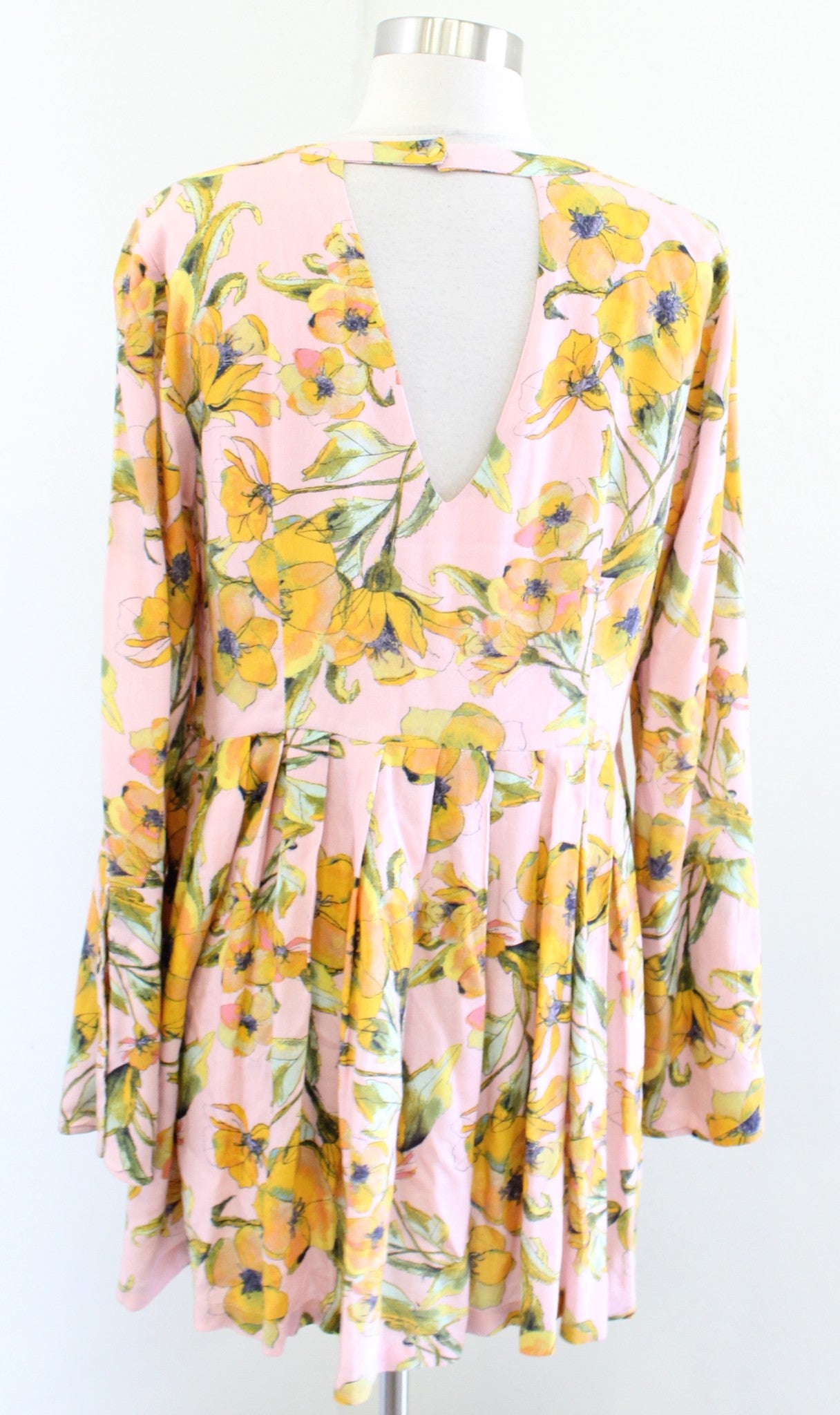 Free People Tegan Pink Yellow Floral Print Tunic Mini Dress Size 6 Keyhole