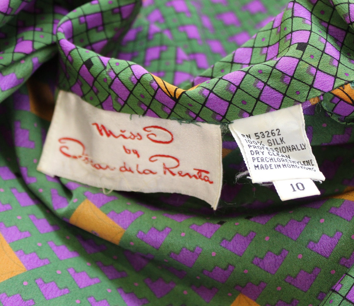 Vtg Miss O Oscar de La Renta Silk Tie Neck Pussybow Blouse Size 10 Green Purple