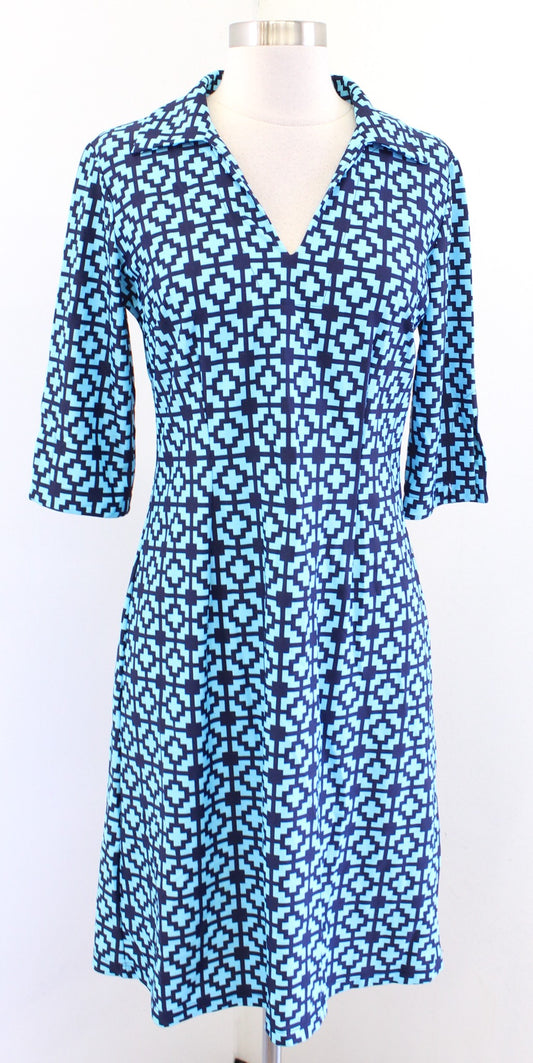 Jude Connally Jude Cloth Blue Two Tone Geometric V Neck Collared Dress Size S