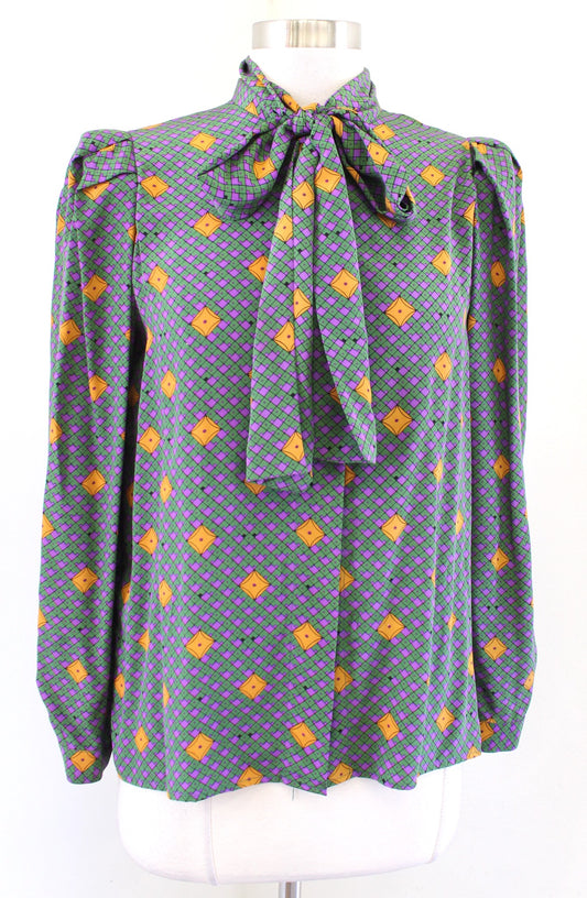 Vtg Miss O Oscar de La Renta Silk Tie Neck Pussybow Blouse Size 10 Green Purple