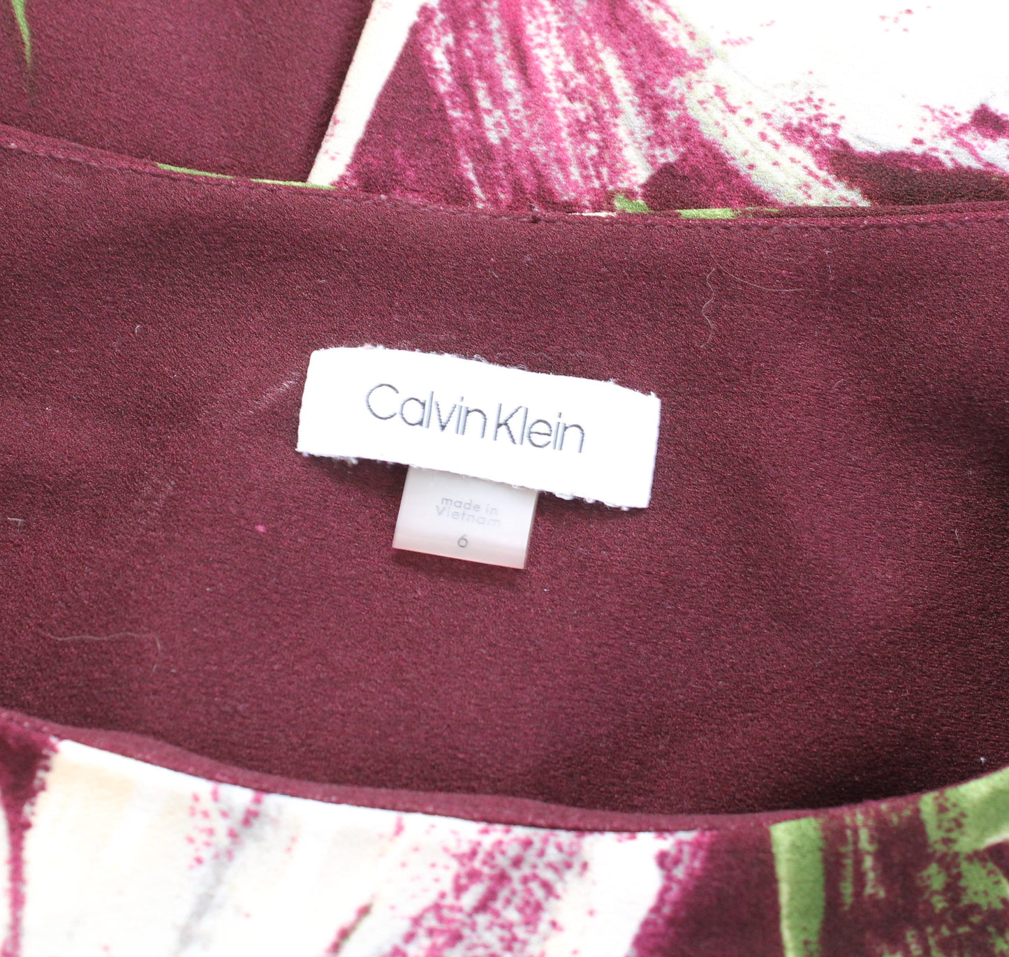 Calvin Klein Burgundy Painted Floral Print Sheath Dress Size 6 Sleeveless Career