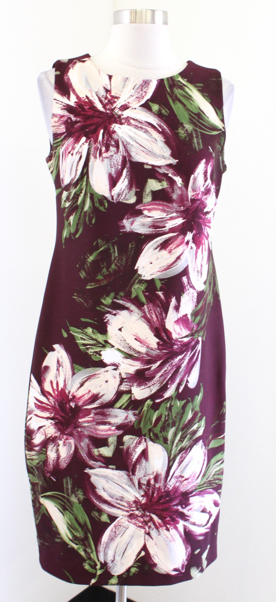 Calvin Klein Burgundy Painted Floral Print Sheath Dress Size 6 Sleeveless Career