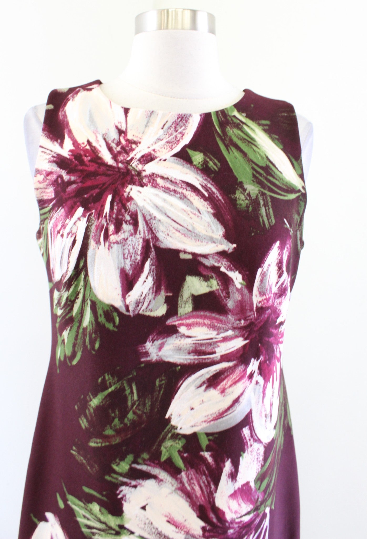 Calvin Klein Burgundy Painted Floral Print Sheath Dress Size 6 Sleeveless Career