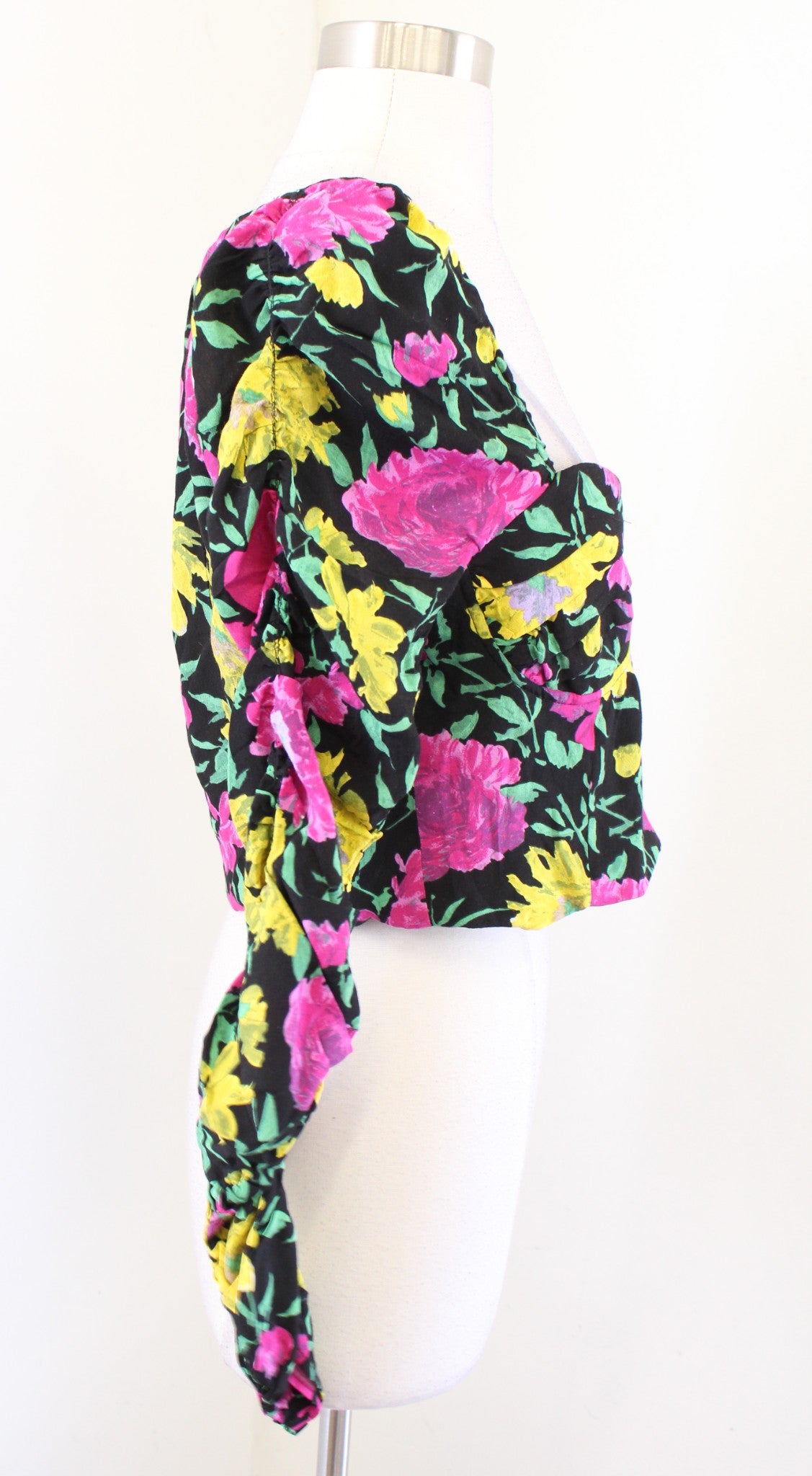 Zara Black Colorful Floral Sweetheart Bustier Style Crop Top Sz L Ruched Sleeve