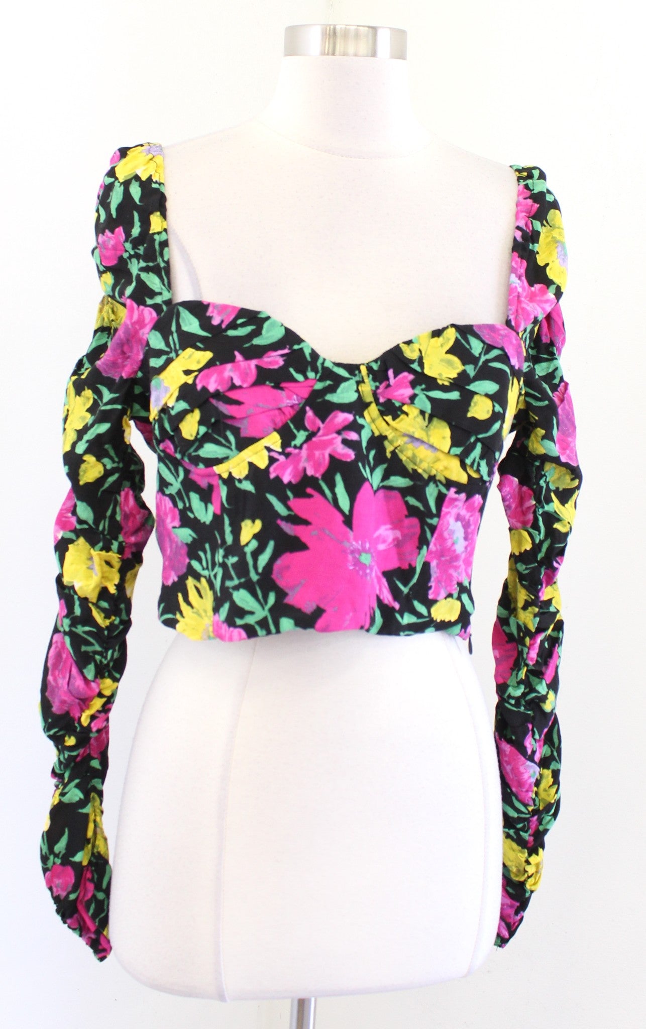 Zara Black Colorful Floral Sweetheart Bustier Style Crop Top Sz L Ruched Sleeve