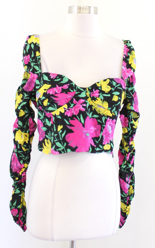 Zara Black Colorful Floral Sweetheart Bustier Style Crop Top Sz L Ruched Sleeve