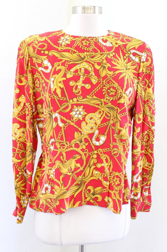 Vtg 90s Red Gold Silk Scarf Print Button Back Top Blouse Size 10P Anchor Unique