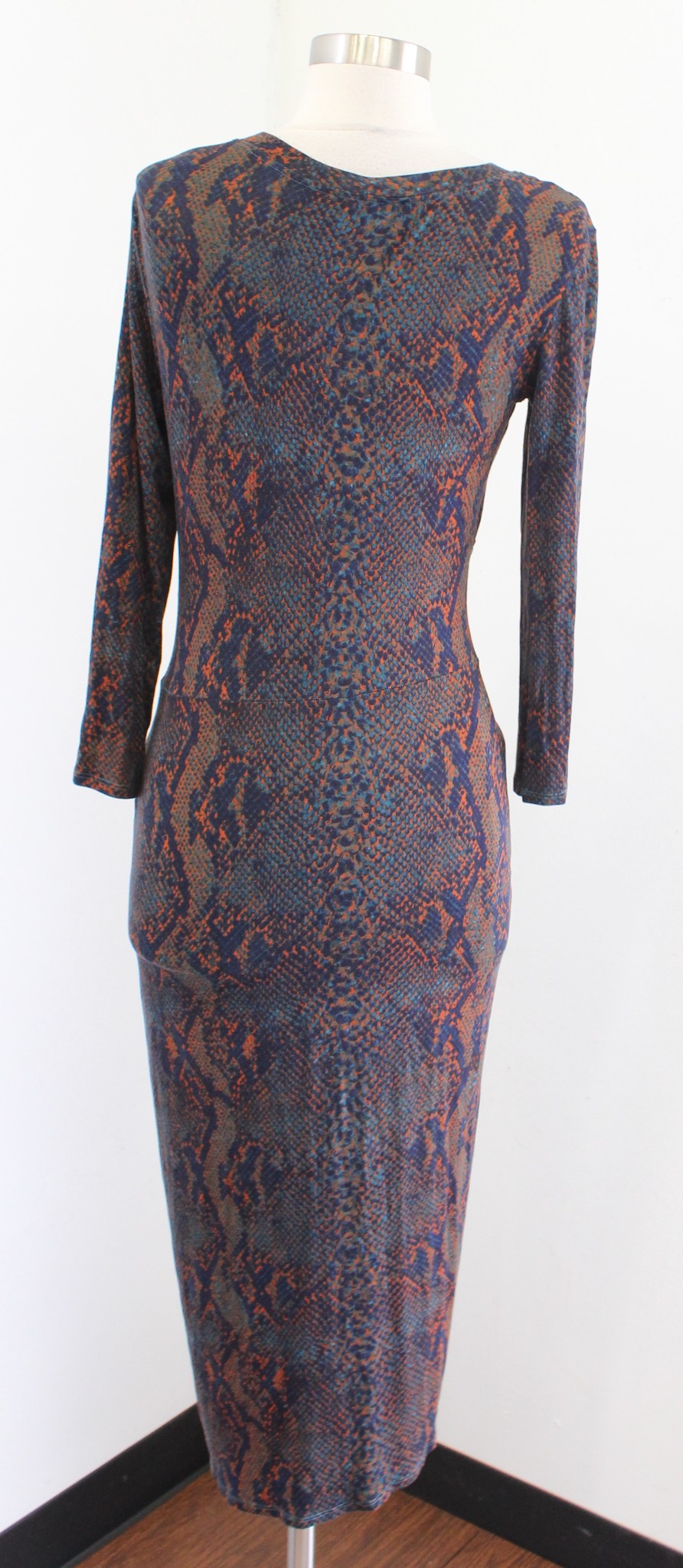 Joie Meika Snakeskin Print Knit Ruched Twist Waist Midi Dress Size S Navy Orange