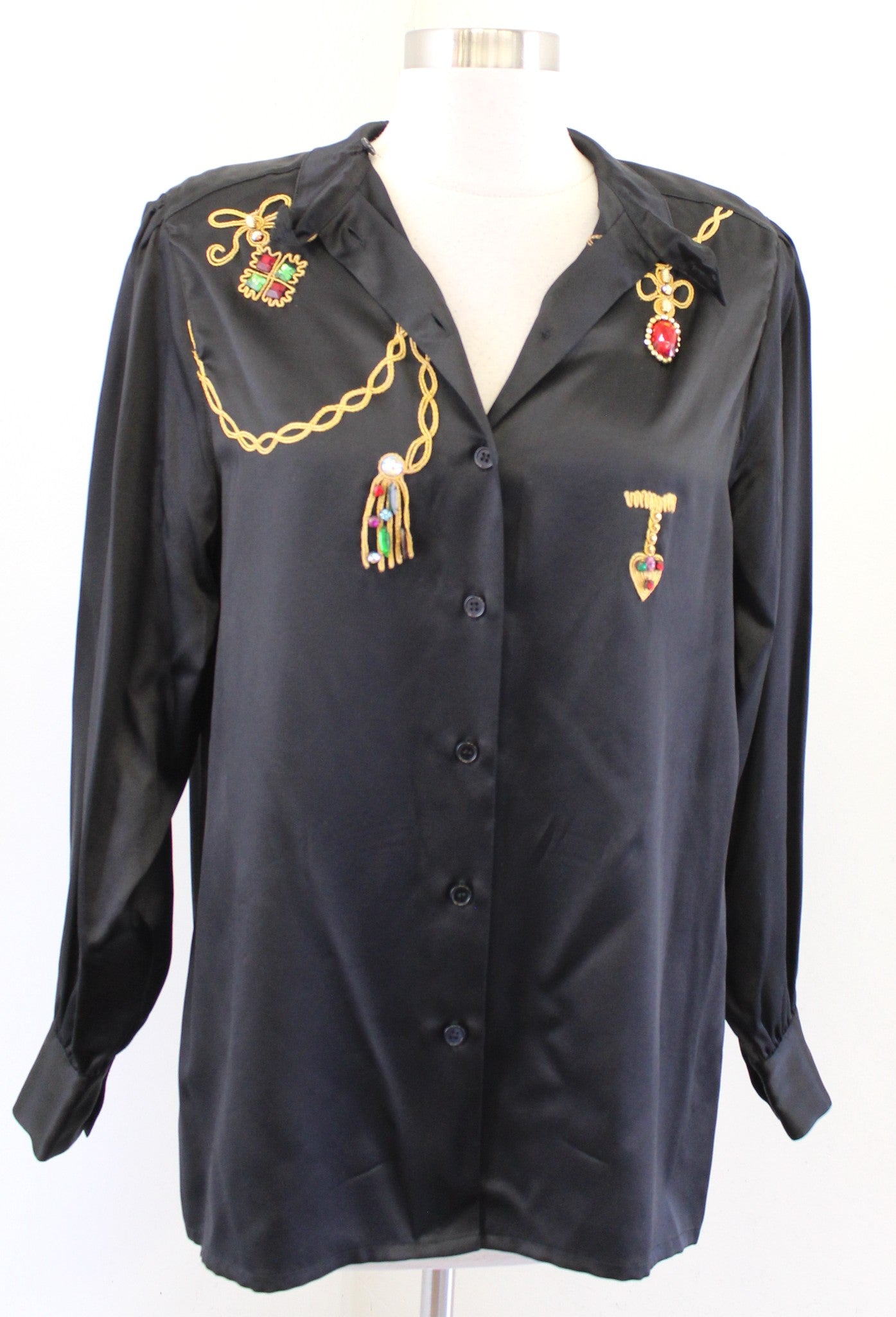 Vtg 90s Black Silk Embroidered Embellished Button Front Shirt Blouse Size 8